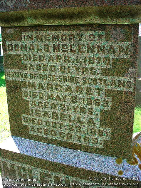 Photo of headstones/Donald McLennan d1870 hdston South Lochalsh cem, Ashfield twsp ON